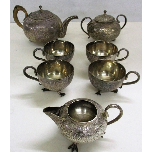 556 - White Metal Bachelors Middle Eastern? Teapot, Milk & 2 Handled Covered Sugar all engraved with conti... 