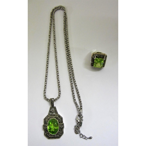 481 - Silver Set Marcasite & Peridot Pendant on 25 London Costume Jewellery Chain & Matching Silver Marcas... 