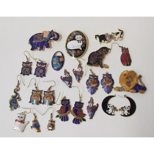 508 - Enamelled Jewellery Brooches & Earrings owls, cats, pandas, lion