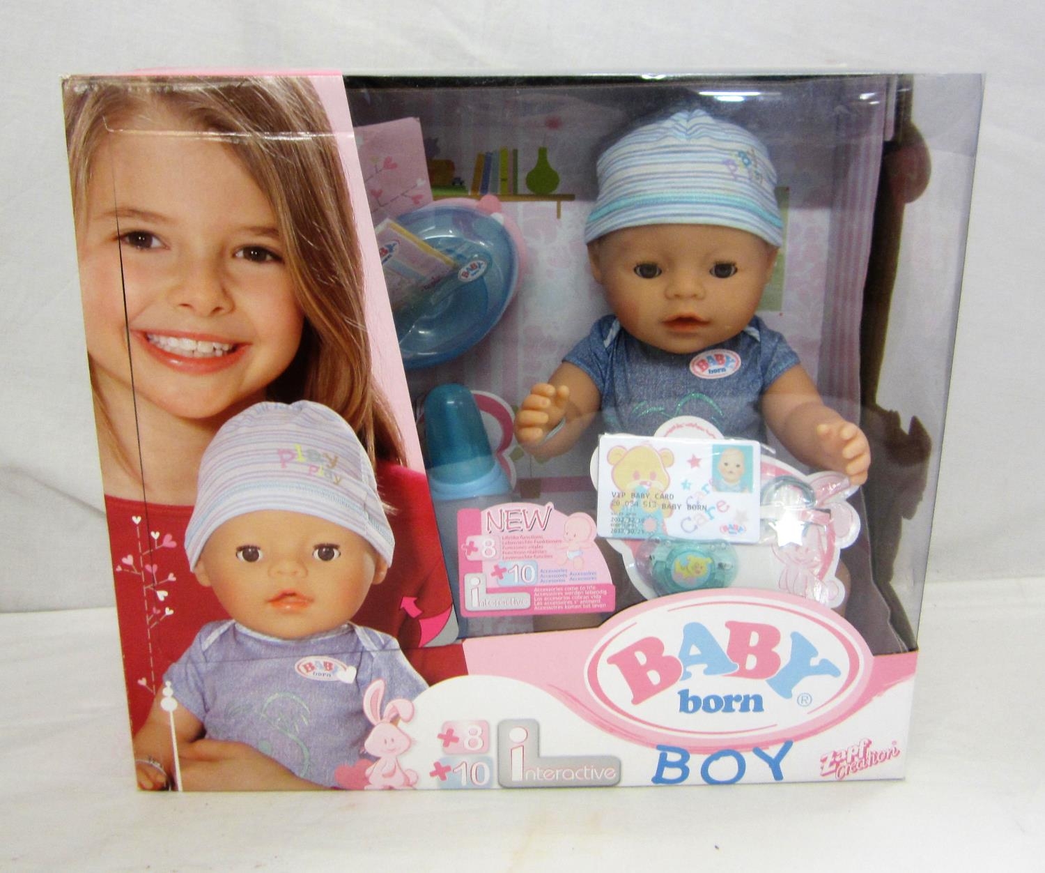 Boxed As New Baby Born Boy Doll with VIP baby card, dummy, feeding