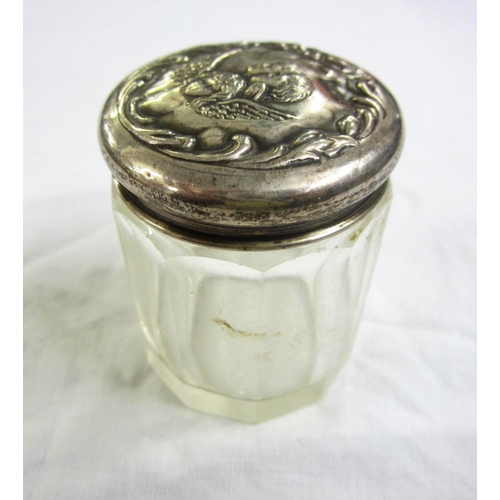 559A - Silver Topped Glass Dressing Table Jar with Cherub head decoration, Birmingham 1905