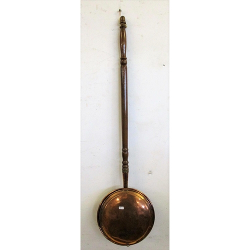 13A - C19th Copper Warming Pan with engraved lid & turned wooden handles