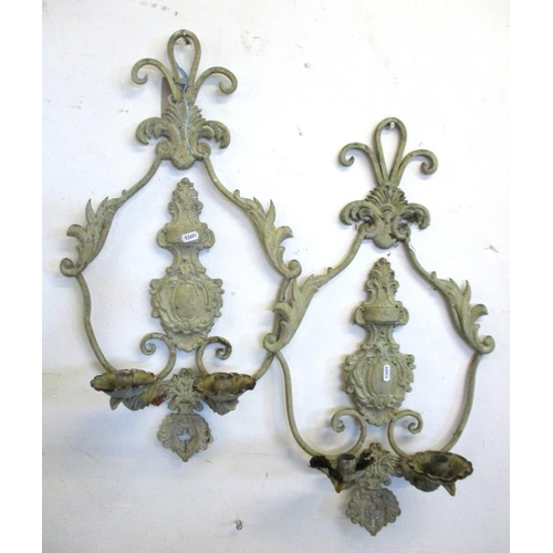 40 - Pair Decorative Painted Metal Wall Sconces, each with twin candle holder, central cartouche with han... 