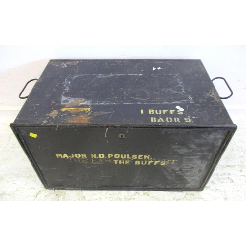 41 - Japanned Metal Military Travel Case marked 'Major MD Poulsen The Buffs BAOR9' with twin carrying han... 