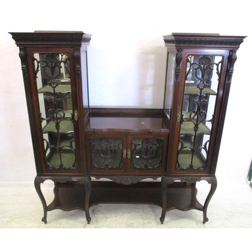 54 - Late Victorian Display Cabinet with pair tall glazed side pieces & central well, elaborate carved gl... 