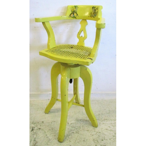 131 - Unusual C19th Child's Painted High Chair with smokers bow style top, cane seat, rise & fall mechanis... 