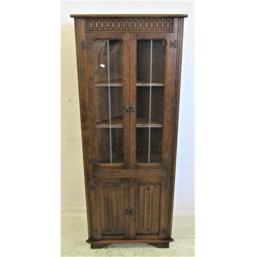 90 - Oak Standing Corner Cupboard with pair linen-fold doors, top section with 2 leaded light glazed door... 