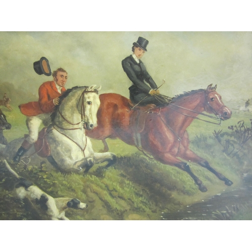 197 - Pair Oils on Panels Hunting Scenes with male & female riders jumping fences, signed EB Herberte, dat... 