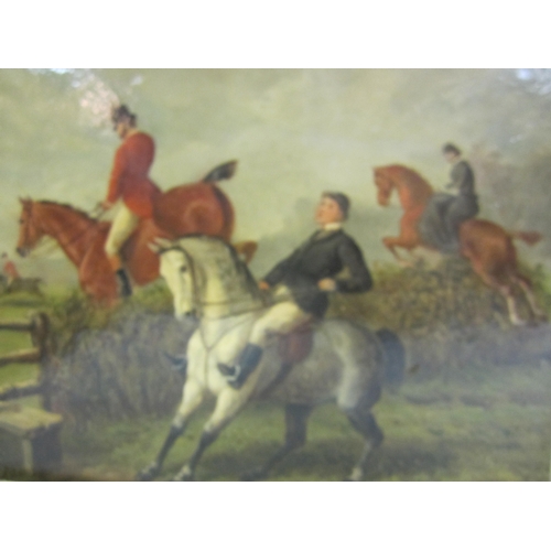 197 - Pair Oils on Panels Hunting Scenes with male & female riders jumping fences, signed EB Herberte, dat... 