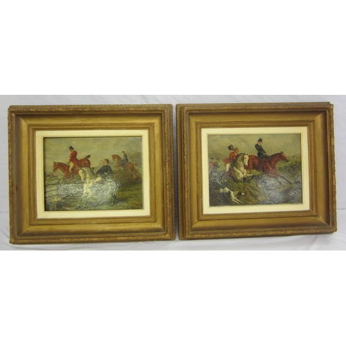 197 - Pair Oils on Panels Hunting Scenes with male & female riders jumping fences, signed EB Herberte, dat... 