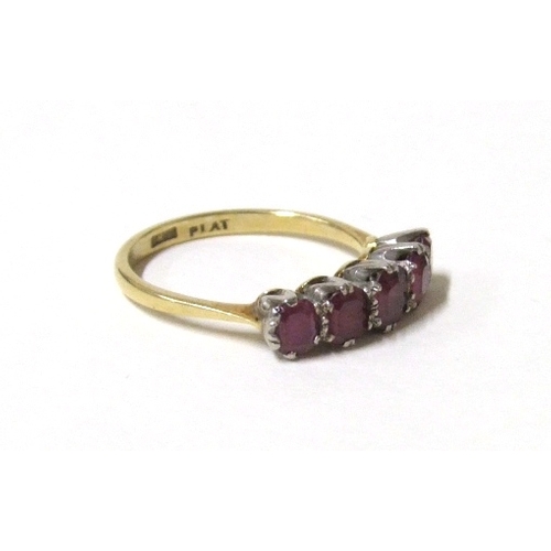 493 - 18ct Gold & Platinum Set 5 Stone Ruby Ring, size T 1/2