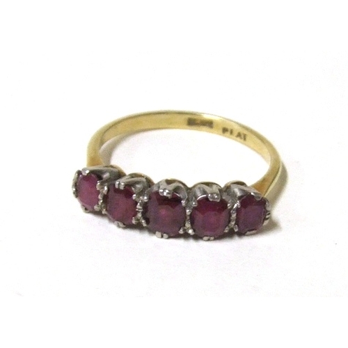 493 - 18ct Gold & Platinum Set 5 Stone Ruby Ring, size T 1/2