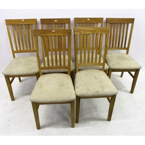 27 - Set of 6 Modern Oak Side Chairs with tall slat backs, wide top rail, screw-on seats, on square secti... 