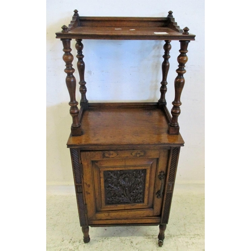 21 - Late C19th Walnut Side Cabinet with flower carved panelled door, on turned supports with castors, su... 