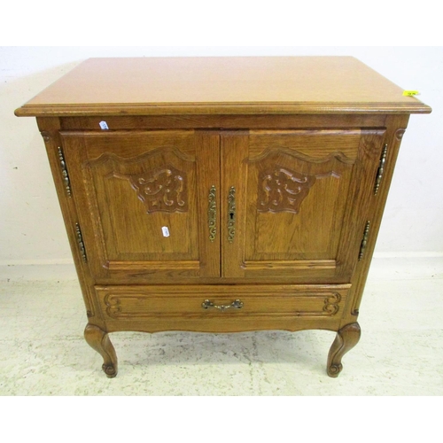 23 - Continental Style Light Oak Side Cabinet with drawer & pair carved doors, on cabriole style supports