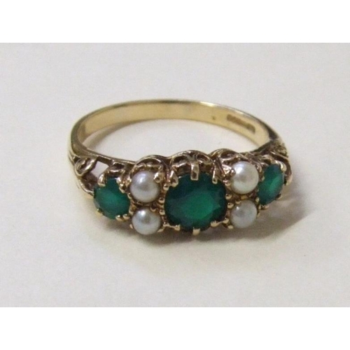 507 - 9ct. Gold Emerald & Pearl Ring, 3 emeralds inter-spaced by 4 pearls, size S