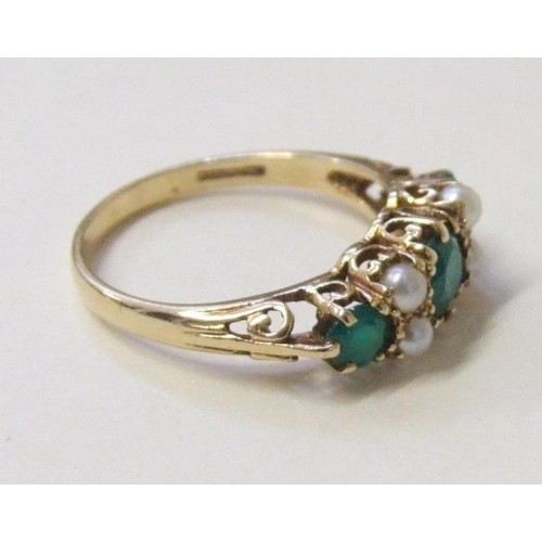 507 - 9ct. Gold Emerald & Pearl Ring, 3 emeralds inter-spaced by 4 pearls, size S