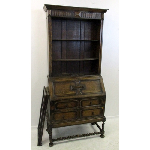 26A - Oak Bureau/Bookcase with barley twist stretcher, 2 small & 1 long geometric moulded drawer, fall enc... 