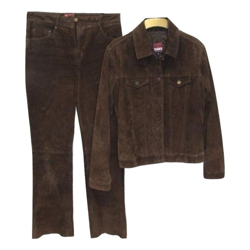 408 - Ladies Trader Jeans Co. Brown Suede Trouser Suit size 12 & Pair Black Suede Trousers size 12