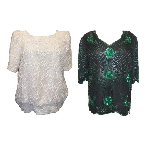 423 - Serenade Green Beaded & Sequinned Top size 12 & Tandy White Sequin & Lace Top (2)