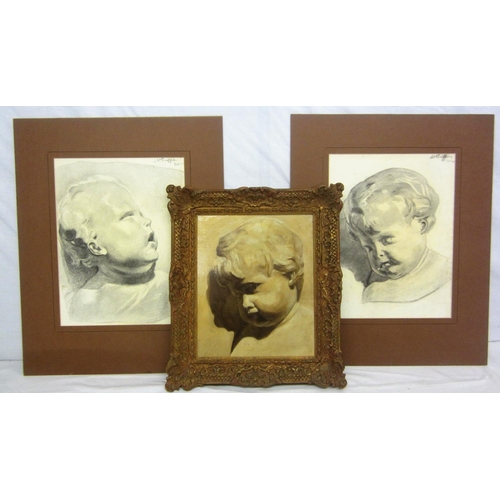 187 - 2 Pencil Studies Portraits Children signed W Griffin, October 1913 & Monochrome Copy Oil on Canvas, ... 