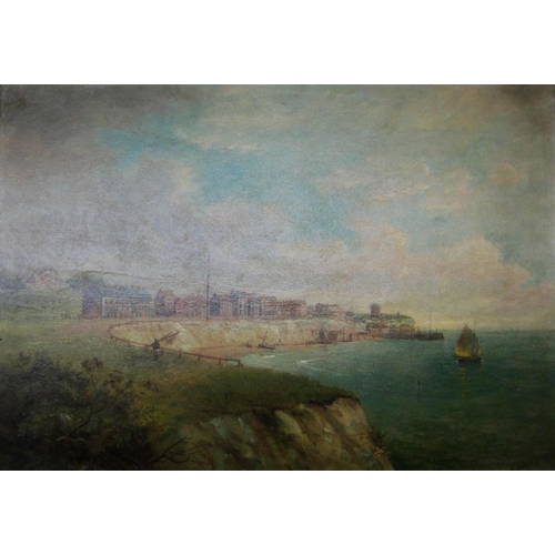 193 - Gilt Framed Oil on Board Shore Scene with small boat at sea, by C Brease, approx. 23 1/2