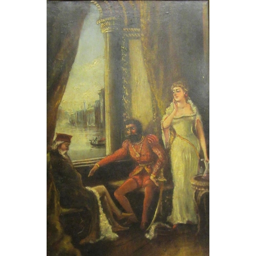 196 - Oil on Canvas Venetian Scene with seated figures & lady looking out from a window to gondola & build... 