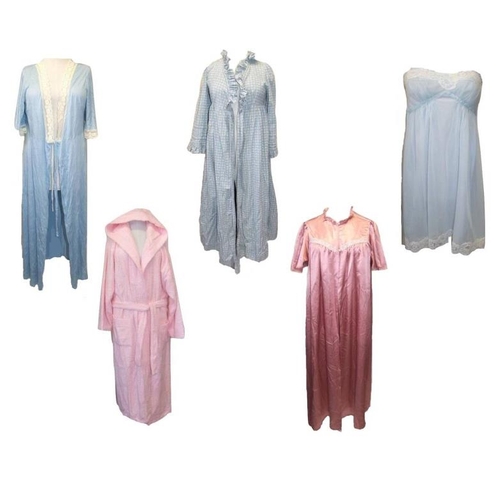 400 - Vintage Nightwear: Laura Ashley cotton dressing gown, pink satin dressing gown, blue nylon baby doll... 