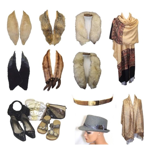 452 - 4 Real Fur Collars, Pine Marten Stole, Moleskin Scarf, 2 Shawls, 3 Evening Bags, pair Rieker sandals... 