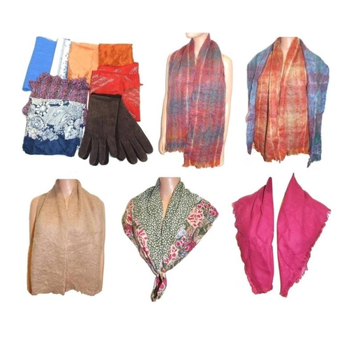 484 - Ladies Scarves incl. Jacqmar, vintage Liberty of London etc. & pair brown suede gloves