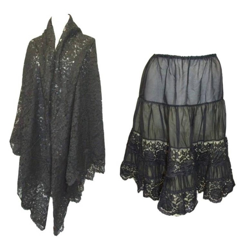 489 - Vintage Black Nylon Lace Petticoat & Long Black Lace Shawl with scalloped edge (2)