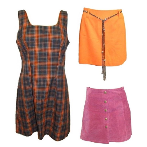 497 - Etam Pinafore Dress size 12, Outer Edge Pink Suede Mini Skirt size 12 & Charlotte Halton Orange Mini... 