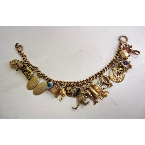 206 - 9ct Gold Belcher Link Charm Bracelet with charms incl. spinner, buildings, articulated fish, dog ken... 