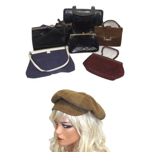 545 - Ladies Vintage Handbags incl. Peter Leigh, Elgee, etc. & Brown Suede Vintage Baker Boy Cap