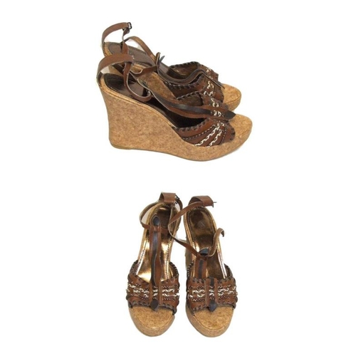 552 - Pair As New Kurt Geiger Brown Leather Sandals with cork wedge, size 7