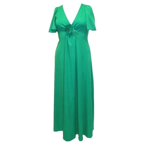 569 - Vintage 1970s Long Green Dress with floral detail, labelled size 12