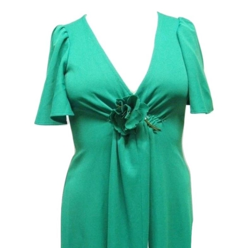 569 - Vintage 1970s Long Green Dress with floral detail, labelled size 12