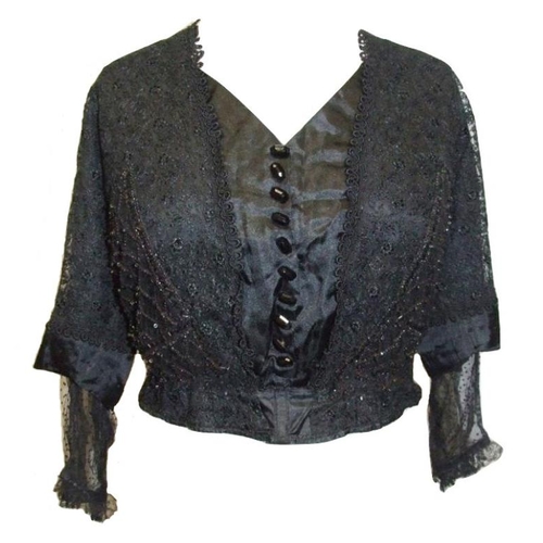 576 - Edwardian? Mourning Blouse, silk lining overlaid with Chantilly lace, boned midriff, glass beaded de... 