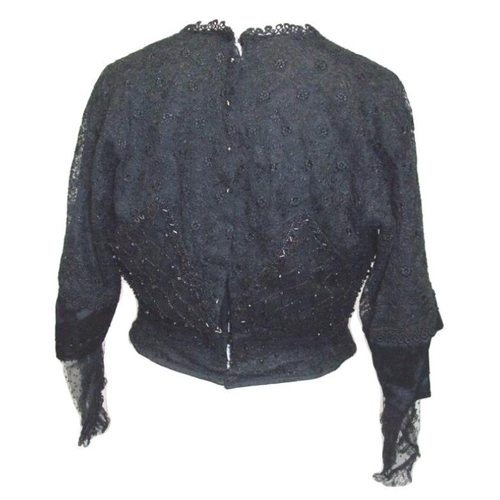 576 - Edwardian? Mourning Blouse, silk lining overlaid with Chantilly lace, boned midriff, glass beaded de... 