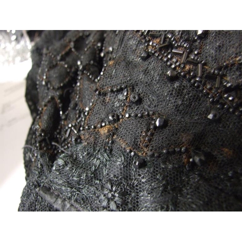 576 - Edwardian? Mourning Blouse, silk lining overlaid with Chantilly lace, boned midriff, glass beaded de... 