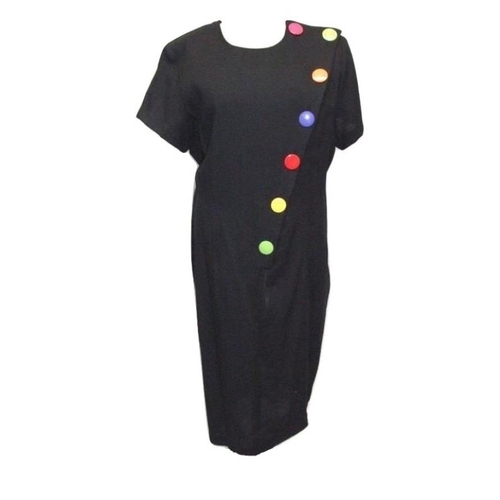 642 - 4 Ladies Vintage Dresses: Periwinkle black dress with day-glo buttons, labelled size 18, Sumerbank g... 