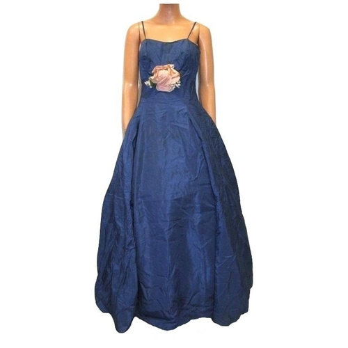 644 - Vintage Dark Blue Taffeta Ball Gown with silk floral corsage, crinoline style underskirt approx. siz... 