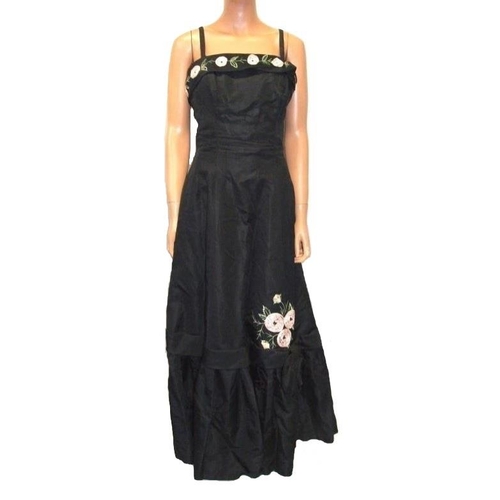 645 - Blanes Vintage Black Taffeta Ball Gown with embroidery & ribbon floral detail, labelled size E (appr... 