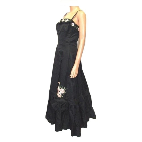 645 - Blanes Vintage Black Taffeta Ball Gown with embroidery & ribbon floral detail, labelled size E (appr... 