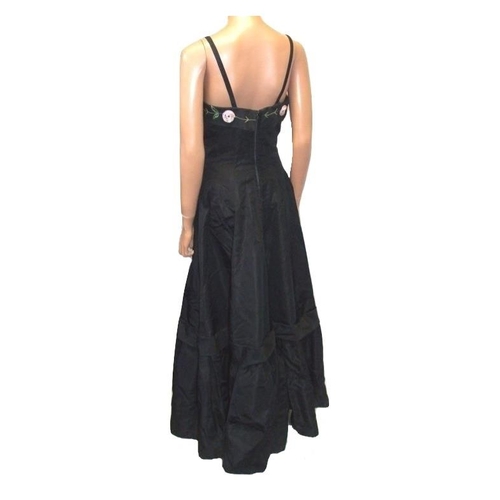 645 - Blanes Vintage Black Taffeta Ball Gown with embroidery & ribbon floral detail, labelled size E (appr... 