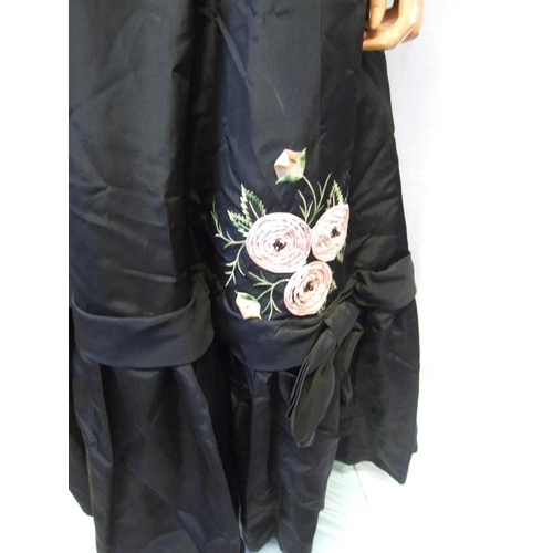 645 - Blanes Vintage Black Taffeta Ball Gown with embroidery & ribbon floral detail, labelled size E (appr... 