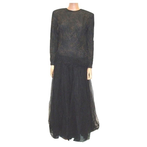 646 - Vintage Black Taffeta & Net Evening Dress with gold thread detail, side zip, covered buttons to back... 