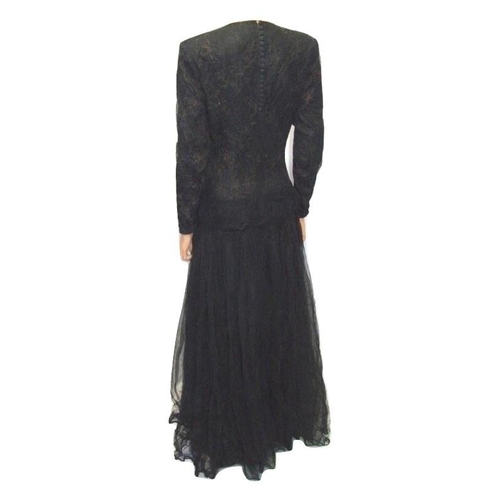 646 - Vintage Black Taffeta & Net Evening Dress with gold thread detail, side zip, covered buttons to back... 