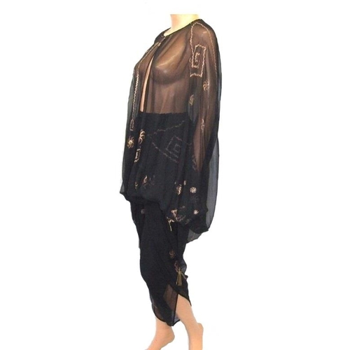 648 - Vintage Zandra Rhodes Black Chiffon Silk Harem Pants & Matching Top, painted ric-rac design with gol... 