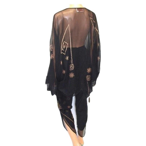 648 - Vintage Zandra Rhodes Black Chiffon Silk Harem Pants & Matching Top, painted ric-rac design with gol... 